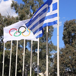 Ateny, flaga olimpijska na stadionie Panatenejskim