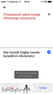 Aplikacja Google Translate, przykład tłumaczenia głosowego na turecki