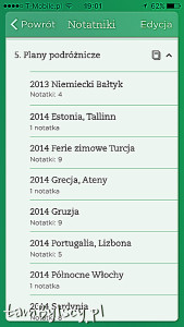 Evernote na telefonie, lista notatników