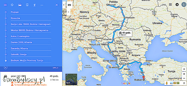 Mapy Google'a - nasza faktyczna trasa do Bodrum (1000 km dłuższa od tej najkrótszej)