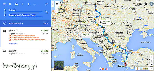 Mapy Google'a - najkrótsza trasa do Bodrum